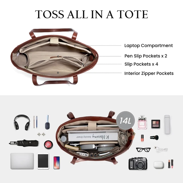 Alt view image 3 of 7 - Genuine Leather Work Tote Bags For Women Large Tote Bag With Zipper Brown Real Leather Purse With Compartment Vintage Handbags Womens Designer Shoulder And Handbags For Travel Everyday