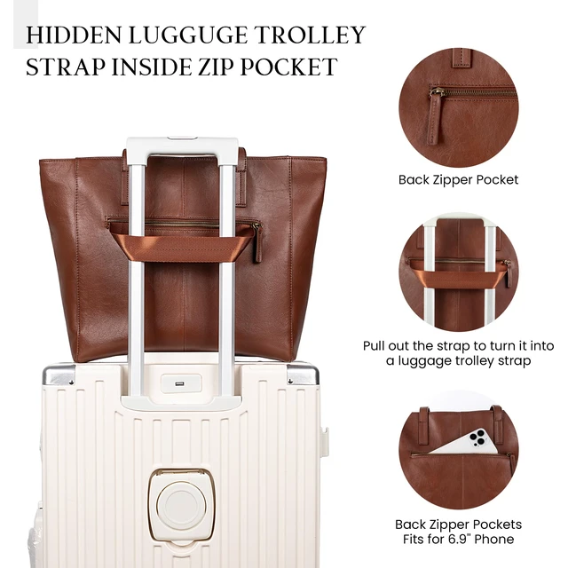 Alt view image 7 of 7 - Genuine Leather Work Tote Bags For Women Large Tote Bag With Zipper Brown Real Leather Purse With Compartment Vintage Handbags Womens Designer Shoulder And Handbags For Travel Everyday