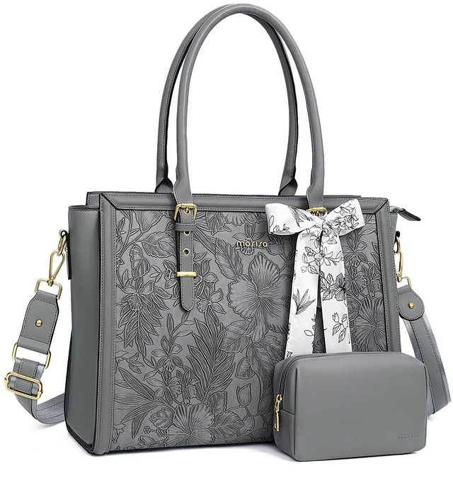 Main image of Laptop Bag for Women, 17-17.3 inch PU Leather Tote Bag | Compatible with MacBook, HP,Dell, Front Embossed Retro Hibiscus Computer Bags with Silk Scarf&Clutch Purse, Gray