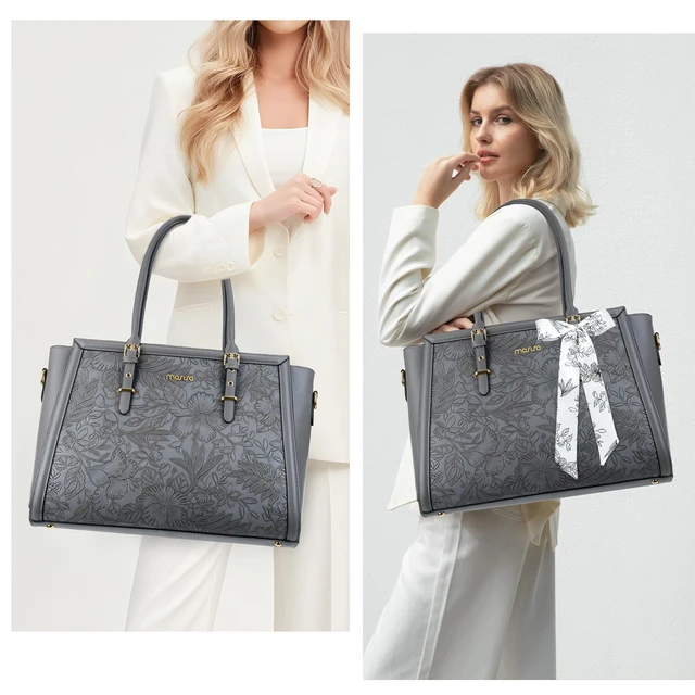 Alt view image 2 of 7 - Laptop Bag for Women, 17-17.3 inch PU Leather Tote Bag | Compatible with MacBook, HP,Dell, Front Embossed Retro Hibiscus Computer Bags with Silk Scarf&Clutch Purse, Gray