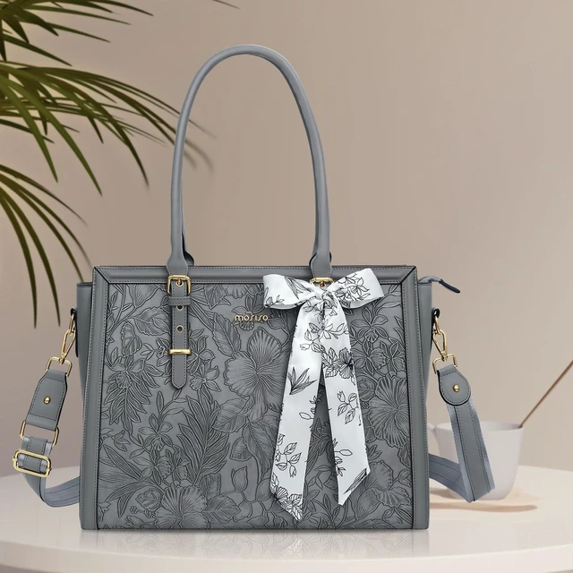 Alt view image 3 of 7 - Laptop Bag for Women, 17-17.3 inch PU Leather Tote Bag | Compatible with MacBook, HP,Dell, Front Embossed Retro Hibiscus Computer Bags with Silk Scarf&Clutch Purse, Gray