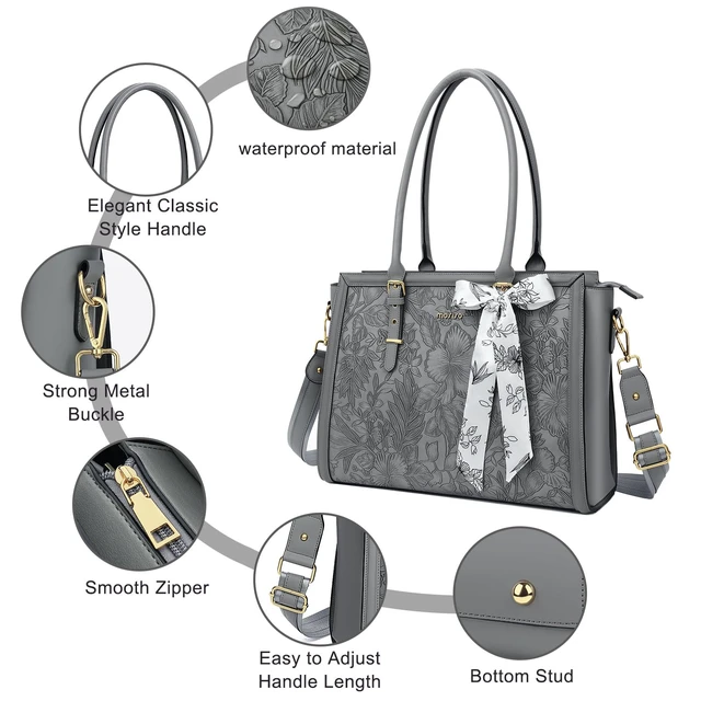Alt view image 4 of 7 - Laptop Bag for Women, 17-17.3 inch PU Leather Tote Bag | Compatible with MacBook, HP,Dell, Front Embossed Retro Hibiscus Computer Bags with Silk Scarf&Clutch Purse, Gray