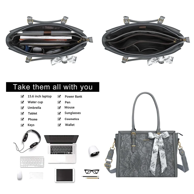 Alt view image 5 of 7 - Laptop Bag for Women, 17-17.3 inch PU Leather Tote Bag | Compatible with MacBook, HP,Dell, Front Embossed Retro Hibiscus Computer Bags with Silk Scarf&Clutch Purse, Gray