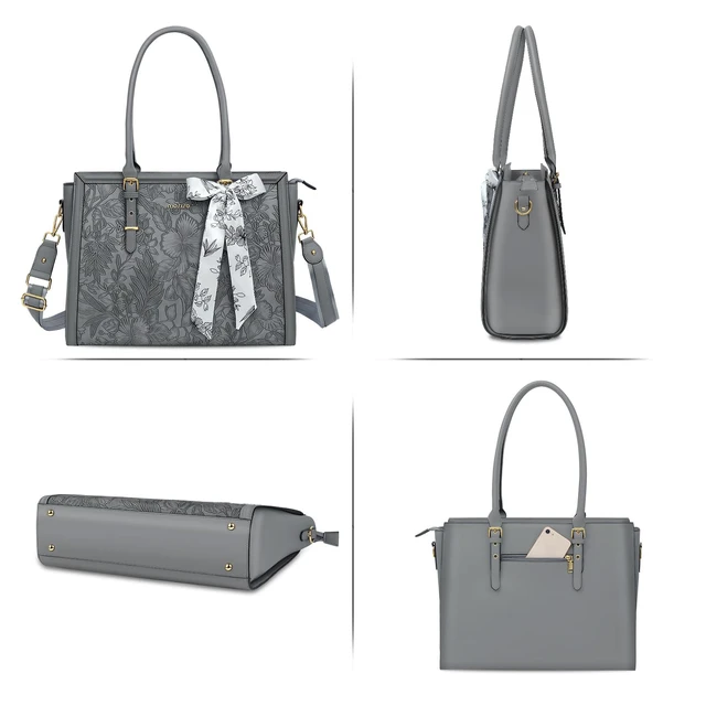 Alt view image 6 of 7 - Laptop Bag for Women, 17-17.3 inch PU Leather Tote Bag | Compatible with MacBook, HP,Dell, Front Embossed Retro Hibiscus Computer Bags with Silk Scarf&Clutch Purse, Gray