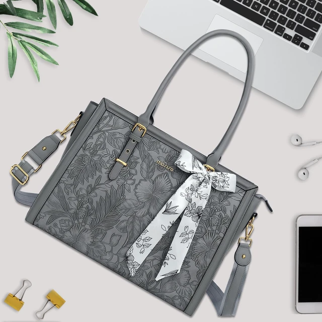 Alt view image 7 of 7 - Laptop Bag for Women, 17-17.3 inch PU Leather Tote Bag | Compatible with MacBook, HP,Dell, Front Embossed Retro Hibiscus Computer Bags with Silk Scarf&Clutch Purse, Gray