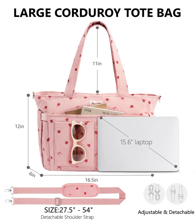 Alt view image 2 of 7 - Corduroy Tote Bag for Women, 17 Pockets Laptop Work Tote Purse | Large 15.6 Computer Bag w/ 40oz Cup Holder & Strap, Zipper Teacher Nurse Bible Shoulder Bag for School Travel College Office