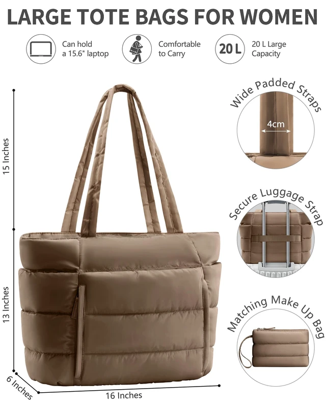 Alt view image 3 of 7 - Puffer Tote Bag for Women, Lightweight Puffy Travel Gym Work Bag | 16 Pocket Teacher Nurse Quilted Shoulder Handbag Large Cloud Carry On 15.6" Laptop Computer Purse for School Nursing Clinical