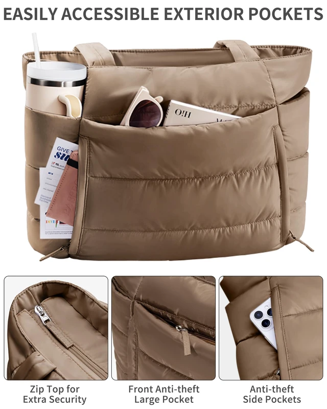 Alt view image 5 of 7 - Puffer Tote Bag for Women, Lightweight Puffy Travel Gym Work Bag | 16 Pocket Teacher Nurse Quilted Shoulder Handbag Large Cloud Carry On 15.6" Laptop Computer Purse for School Nursing Clinical