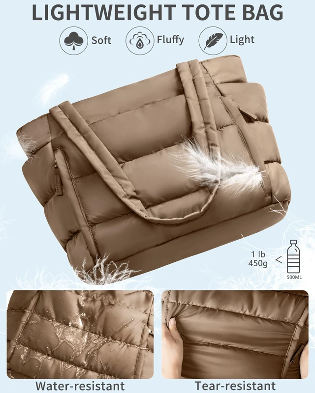 Alt view image 6 of 7 - Puffer Tote Bag for Women, Lightweight Puffy Travel Gym Work Bag | 16 Pocket Teacher Nurse Quilted Shoulder Handbag Large Cloud Carry On 15.6" Laptop Computer Purse for School Nursing Clinical