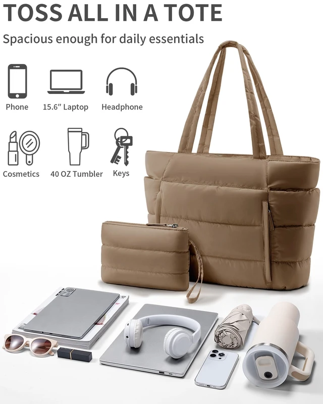 Alt view image 7 of 7 - Puffer Tote Bag for Women, Lightweight Puffy Travel Gym Work Bag | 16 Pocket Teacher Nurse Quilted Shoulder Handbag Large Cloud Carry On 15.6" Laptop Computer Purse for School Nursing Clinical