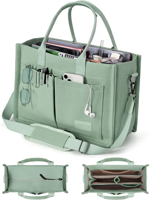 Main image of Canvas Tote Bag for Women with Zipper Closure & Individual Compartments for Work College, Crossbody Laptop Tote Purse Handbag with Detachable Strap & Bottom Support for Teacher & Nurse Green