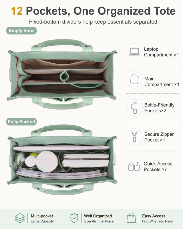 Alt view image 3 of 7 - Canvas Tote Bag for Women with Zipper Closure & Individual Compartments for Work College, Crossbody Laptop Tote Purse Handbag with Detachable Strap & Bottom Support for Teacher & Nurse Green