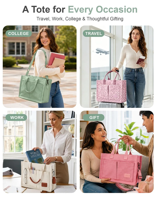 Alt view image 6 of 7 - Canvas Tote Bag for Women with Zipper Closure & Individual Compartments for Work College, Crossbody Laptop Tote Purse Handbag with Detachable Strap & Bottom Support for Teacher & Nurse Green