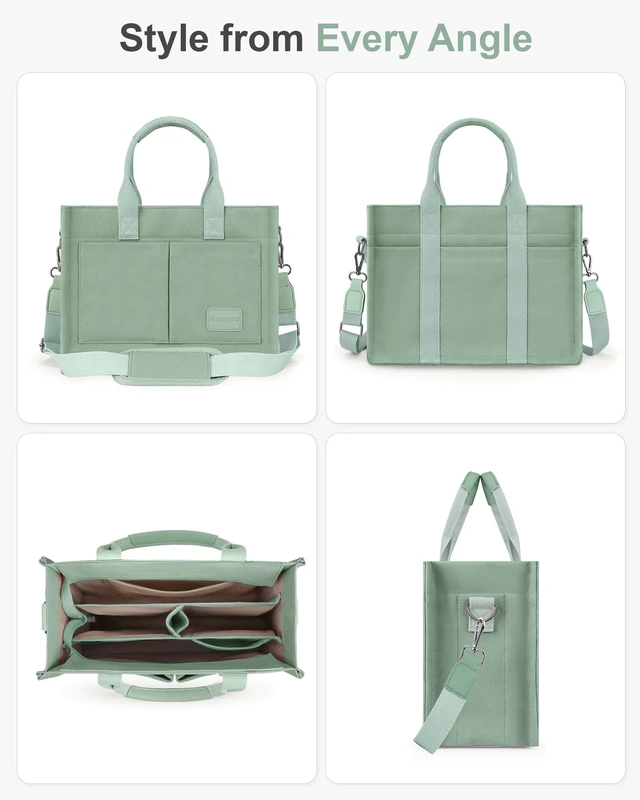 Alt view image 7 of 7 - Canvas Tote Bag for Women with Zipper Closure & Individual Compartments for Work College, Crossbody Laptop Tote Purse Handbag with Detachable Strap & Bottom Support for Teacher & Nurse Green