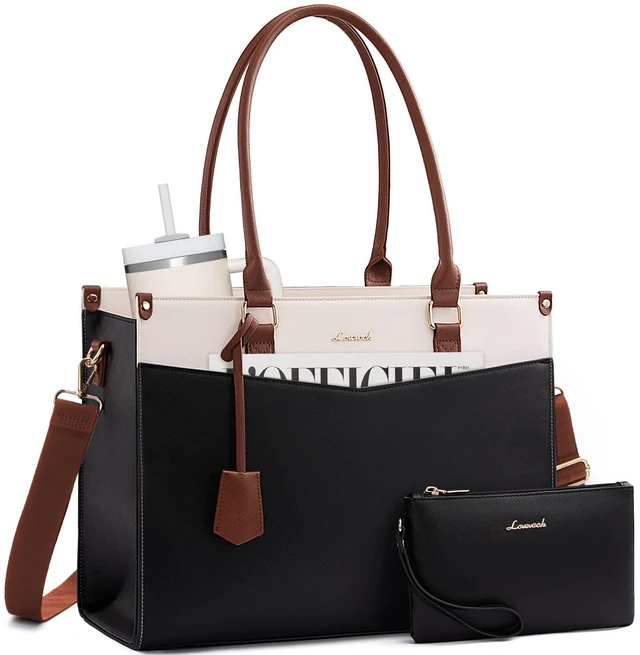 Main image of Laptop Bag for Women, 2-in-1 Tote Purse with Clutch & Cup Holder, Waterproof Briefcase for Work Travel, Large Capacity Structured Work Bag 15.6 Inch, Black-Beige-Brown