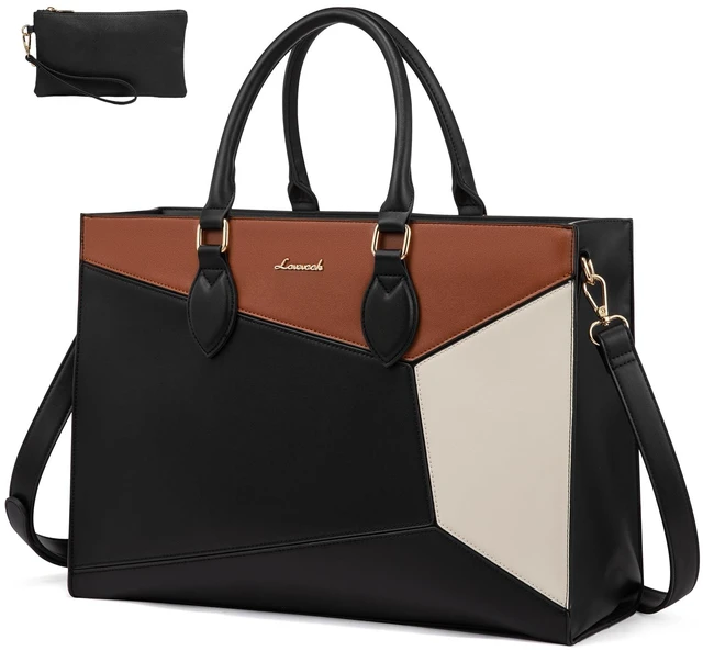 Main image of Laptop Bag for Women,15.6 lnch Waterproof Lightweight Leather Tote Bag,Professional Business Office Work Bags with Clutch Purse, Large Capacity Computer Shoulder Handbag,Black-White-Brown