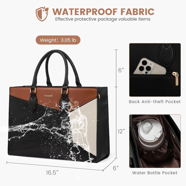 Alt view image 6 of 7 - Laptop Bag for Women,15.6 lnch Waterproof Lightweight Leather Tote Bag,Professional Business Office Work Bags with Clutch Purse, Large Capacity Computer Shoulder Handbag,Black-White-Brown