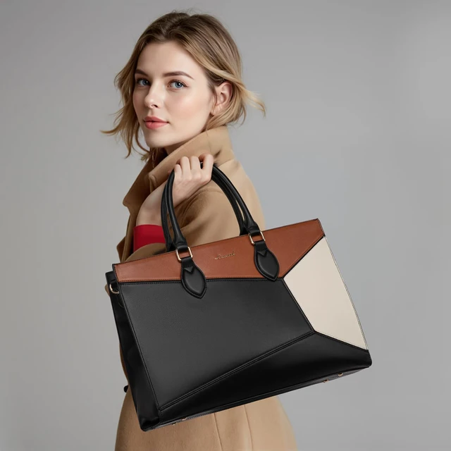 Alt view image 2 of 7 - Laptop Bag for Women,15.6 lnch Waterproof Lightweight Leather Tote Bag,Professional Business Office Work Bags with Clutch Purse, Large Capacity Computer Shoulder Handbag,Black-White-Brown