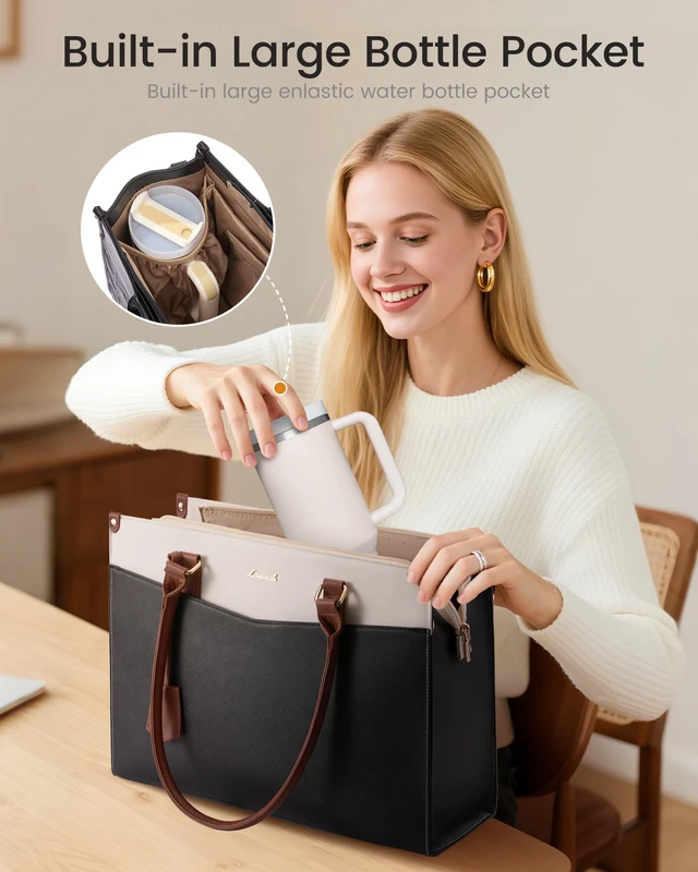 Alt view image 3 of 7 - Laptop Bag for Women, 2-in-1 Tote Purse with Clutch & Cup Holder, Waterproof Briefcase for Work Travel, Large Capacity Structured Work Bag 15.6 Inch, Black-Beige-Brown