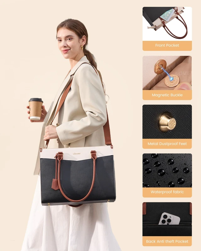 Alt view image 6 of 7 - Laptop Bag for Women, 2-in-1 Tote Purse with Clutch & Cup Holder, Waterproof Briefcase for Work Travel, Large Capacity Structured Work Bag 15.6 Inch, Black-Beige-Brown