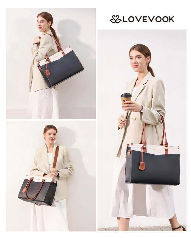 Alt view image 7 of 7 - Laptop Bag for Women, 2-in-1 Tote Purse with Clutch & Cup Holder, Waterproof Briefcase for Work Travel, Large Capacity Structured Work Bag 15.6 Inch, Black-Beige-Brown