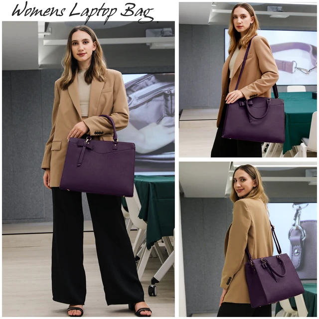 Alt view image 2 of 7 - Laptop Bag for Women 15.6 Inch PU Tote Bag Business Work Bag Waterproof Briefcase Computer Tote Lightweight Handbag Shoulder, Dark Purple