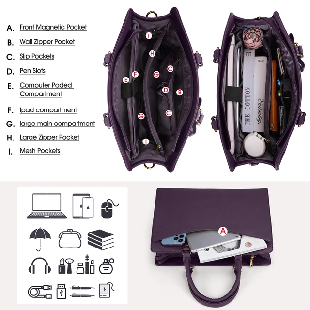 Alt view image 6 of 7 - Laptop Bag for Women 15.6 Inch PU Tote Bag Business Work Bag Waterproof Briefcase Computer Tote Lightweight Handbag Shoulder, Dark Purple