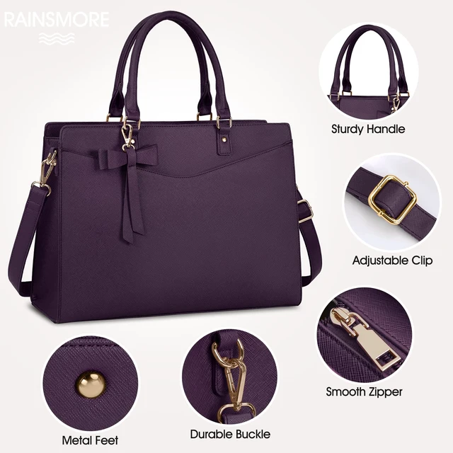 Alt view image 5 of 7 - Laptop Bag for Women 15.6 Inch PU Tote Bag Business Work Bag Waterproof Briefcase Computer Tote Lightweight Handbag Shoulder, Dark Purple