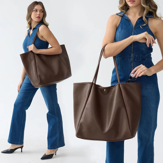 Alt view image 6 of 6 - Oversize Pu Leather Tote Women Weekender Bag Shopper Handbag Travel Purse (Coffee)