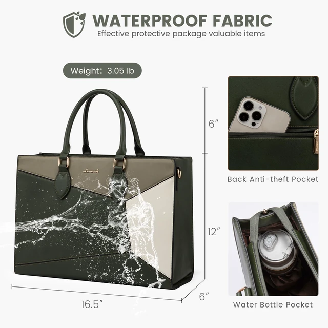 Alt view image 6 of 7 - Laptop Bag for Women,15.6 lnch Waterproof Lightweight Leather Tote Bag,Professional Business Office Work Bags with Clutch Purse,Large Capacity Computer Shoulder Handbag,Army-Grey-White