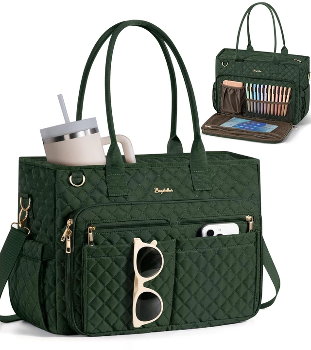 Main image of Teacher Tote Bag for Women, 15.6" Laptop Work Tote Computer Bag | Quilted Bible Nurse Bag with 40oz Cup Holder, Insulated Pocket & Strap, Large Laptop Briefcase for School Travel Office Gifts