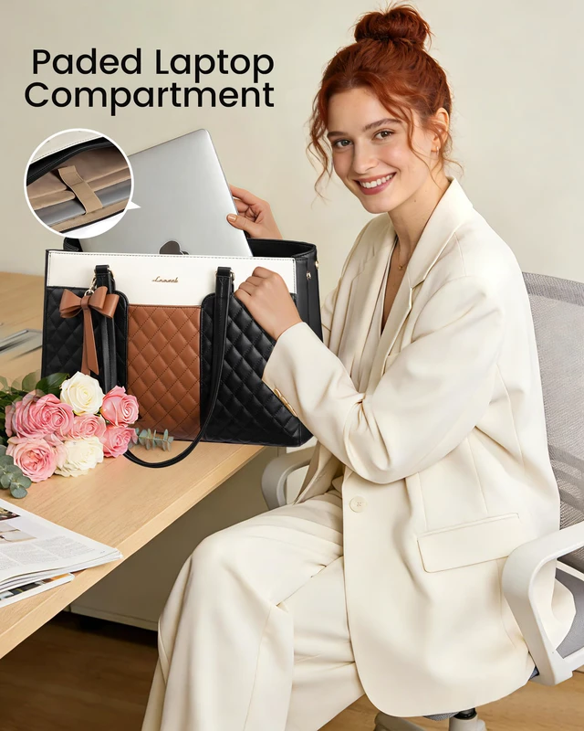Alt view image 3 of 6 - Laptop Tote Bag for Women 15.6 Inch PU Leather Work Bag | Quilted Work Tote Bag with 40OZ Cup Holder, Waterproof Computer Bag for Teacher Office Professional Handbags Gifts