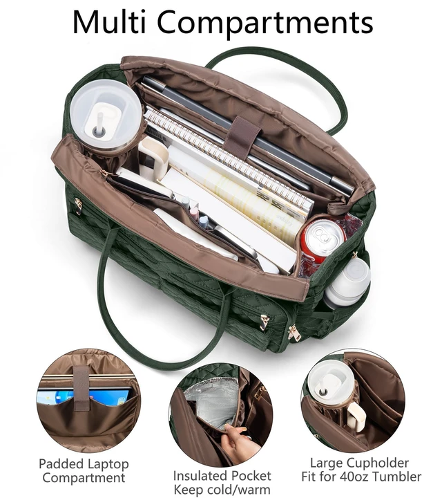 Alt view image 3 of 7 - Teacher Tote Bag for Women, 15.6" Laptop Work Tote Computer Bag | Quilted Bible Nurse Bag with 40oz Cup Holder, Insulated Pocket & Strap, Large Laptop Briefcase for School Travel Office Gifts