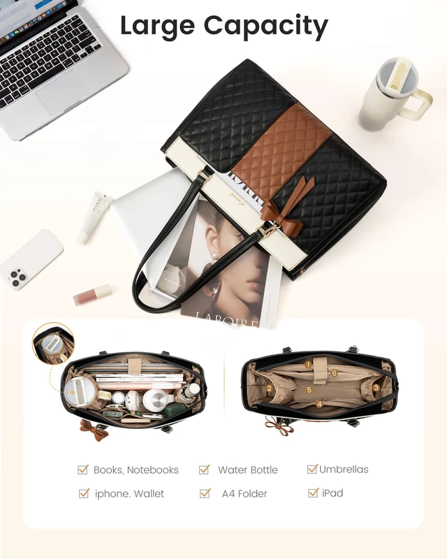 Alt view image 5 of 6 - Laptop Tote Bag for Women 15.6 Inch PU Leather Work Bag | Quilted Work Tote Bag with 40OZ Cup Holder, Waterproof Computer Bag for Teacher Office Professional Handbags Gifts