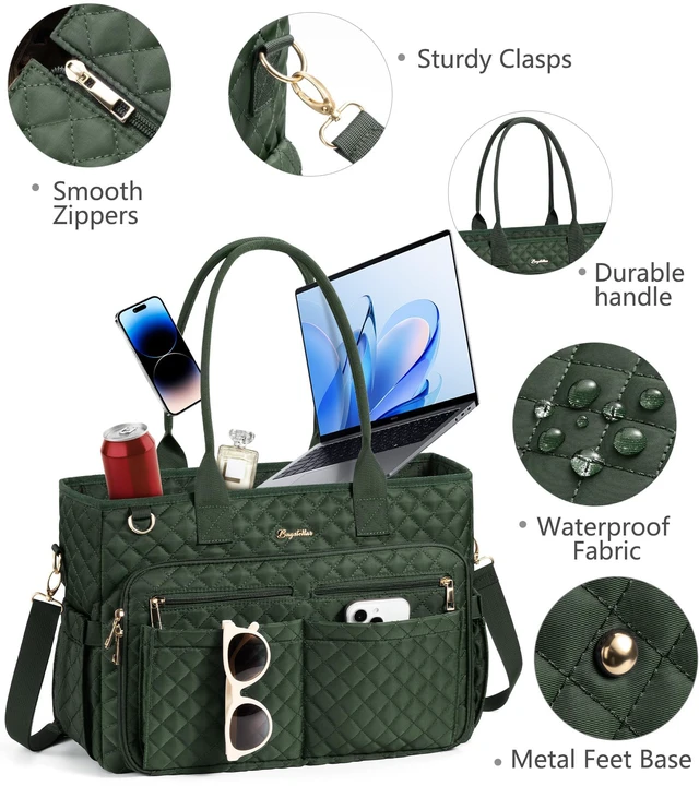 Alt view image 7 of 7 - Teacher Tote Bag for Women, 15.6" Laptop Work Tote Computer Bag | Quilted Bible Nurse Bag with 40oz Cup Holder, Insulated Pocket & Strap, Large Laptop Briefcase for School Travel Office Gifts