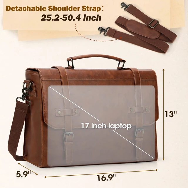 Alt view image 3 of 7 - Mens Messenger Bag 17 Inch Waterproof Vintage Leather Laptop Bag | Large Laptop Briefcase Satchel Bag Computer Shoulder Bag for Office Business Travel College