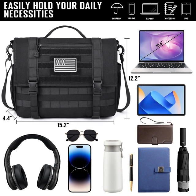 Alt view image 2 of 7 - Mens Messenger Bag, Tactical Inspired 15.6 Inch Laptop Briefcases Computer Satchel Office Work Bag for Men YKK-Zippers, Black