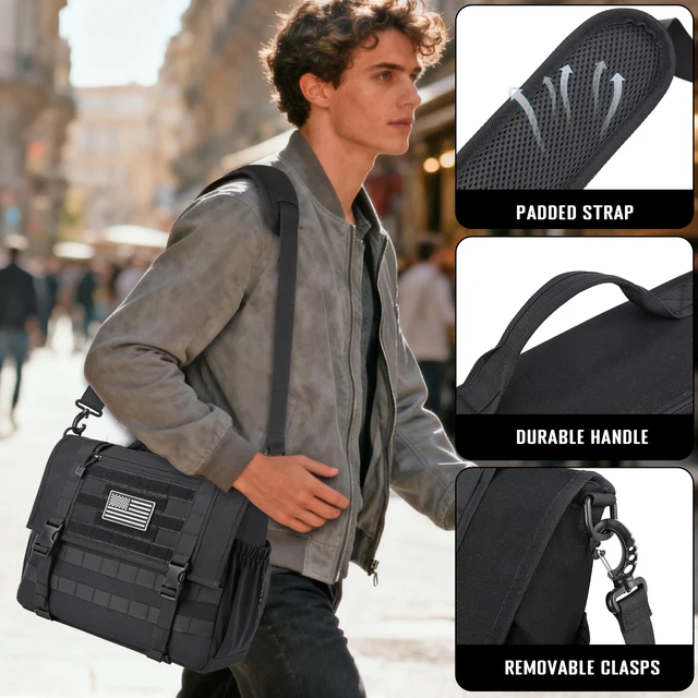 Alt view image 7 of 7 - Mens Messenger Bag, Tactical Inspired 15.6 Inch Laptop Briefcases Computer Satchel Office Work Bag for Men YKK-Zippers, Black