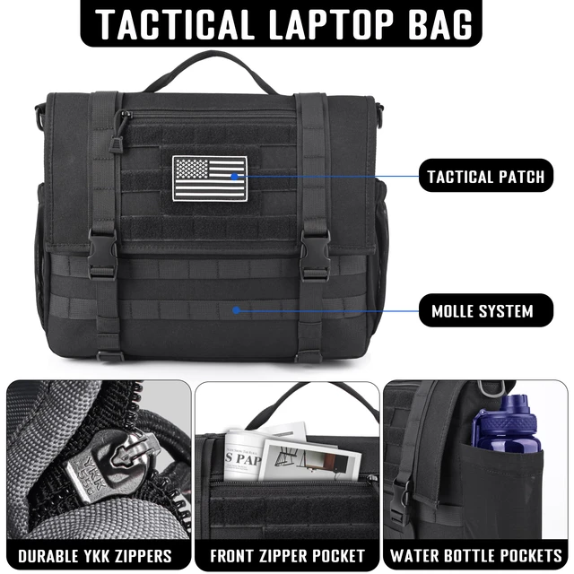 Alt view image 4 of 7 - Mens Messenger Bag, Tactical Inspired 15.6 Inch Laptop Briefcases Computer Satchel Office Work Bag for Men YKK-Zippers, Black
