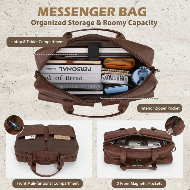 Alt view image 3 of 6 - Messenger Bag for Men 16 Inch Leather Laptop Bags Work Computer Briefcase Vintage Mens Satchel Shoulder Bag for Work, Office, Business, Travel, Brown