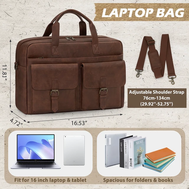 Alt view image 4 of 6 - Messenger Bag for Men 16 Inch Leather Laptop Bags Work Computer Briefcase Vintage Mens Satchel Shoulder Bag for Work, Office, Business, Travel, Brown