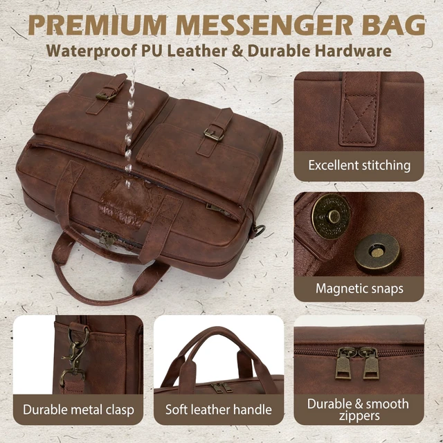Alt view image 5 of 6 - Messenger Bag for Men 16 Inch Leather Laptop Bags Work Computer Briefcase Vintage Mens Satchel Shoulder Bag for Work, Office, Business, Travel, Brown