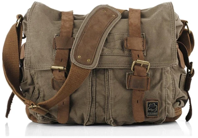 Main image of Vintage Military Leather Canvas Laptop Bag Messenger Bags Medium Army Green