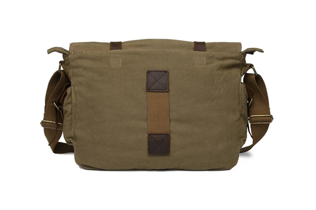 Alt view image 2 of 7 - Vintage Military Leather Canvas Laptop Bag Messenger Bags Medium Army Green