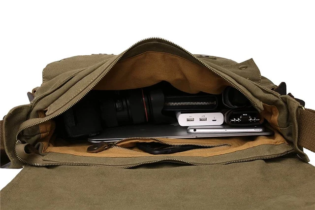 Alt view image 6 of 7 - Vintage Military Leather Canvas Laptop Bag Messenger Bags Medium Army Green