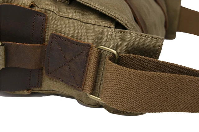 Alt view image 4 of 7 - Vintage Military Leather Canvas Laptop Bag Messenger Bags Medium Army Green
