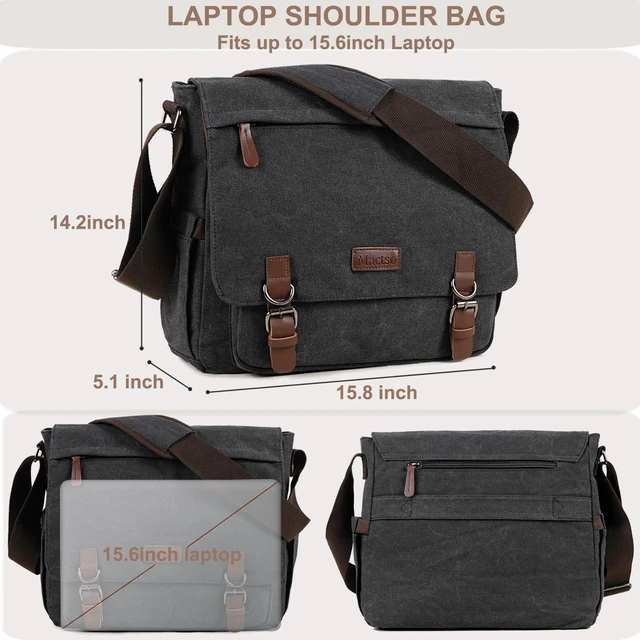 Alt view image 3 of 7 - Vintage Messenger Bag 15.6 Inch Laptop for Men Women, Large Travel Crossbody Shoulder Purse with Luggage Strap,Canvas Briefcase Work Office College (Black-Upgrade)