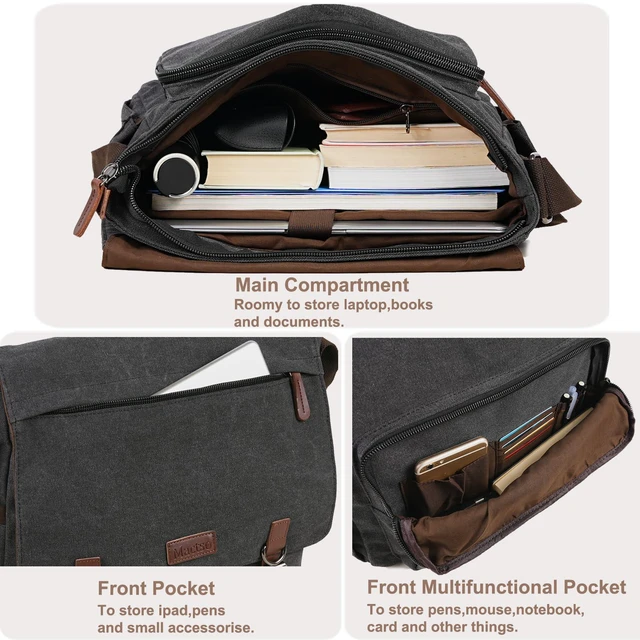 Alt view image 4 of 7 - Vintage Messenger Bag 15.6 Inch Laptop for Men Women, Large Travel Crossbody Shoulder Purse with Luggage Strap,Canvas Briefcase Work Office College (Black-Upgrade)