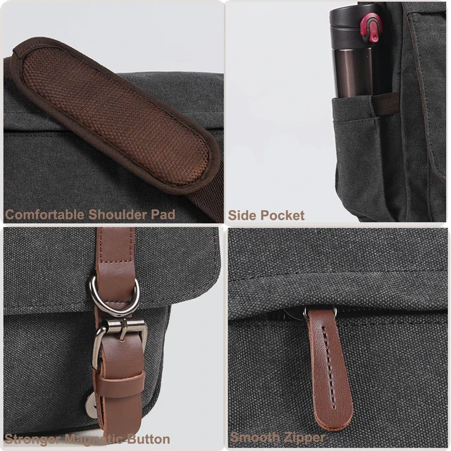 Alt view image 5 of 7 - Vintage Messenger Bag 15.6 Inch Laptop for Men Women, Large Travel Crossbody Shoulder Purse with Luggage Strap,Canvas Briefcase Work Office College (Black-Upgrade)