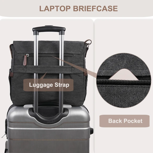 Alt view image 6 of 7 - Vintage Messenger Bag 15.6 Inch Laptop for Men Women, Large Travel Crossbody Shoulder Purse with Luggage Strap,Canvas Briefcase Work Office College (Black-Upgrade)